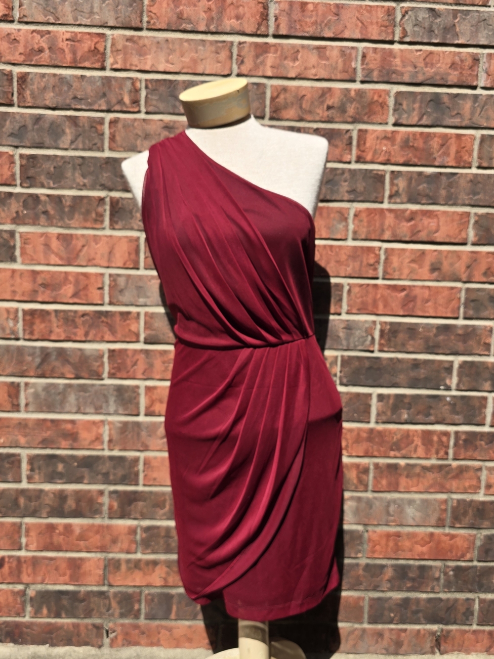 Max & Cleo One-Shoulder Wine Red Draped Cocktail Dress